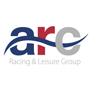 Logo for arc Racing & Leisure Group with stylized blue, red, and gray letters and a swoosh design.